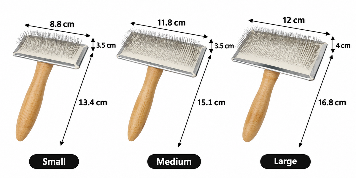 Wood handle pet slicker brush measurement chart showing three photographed sizes