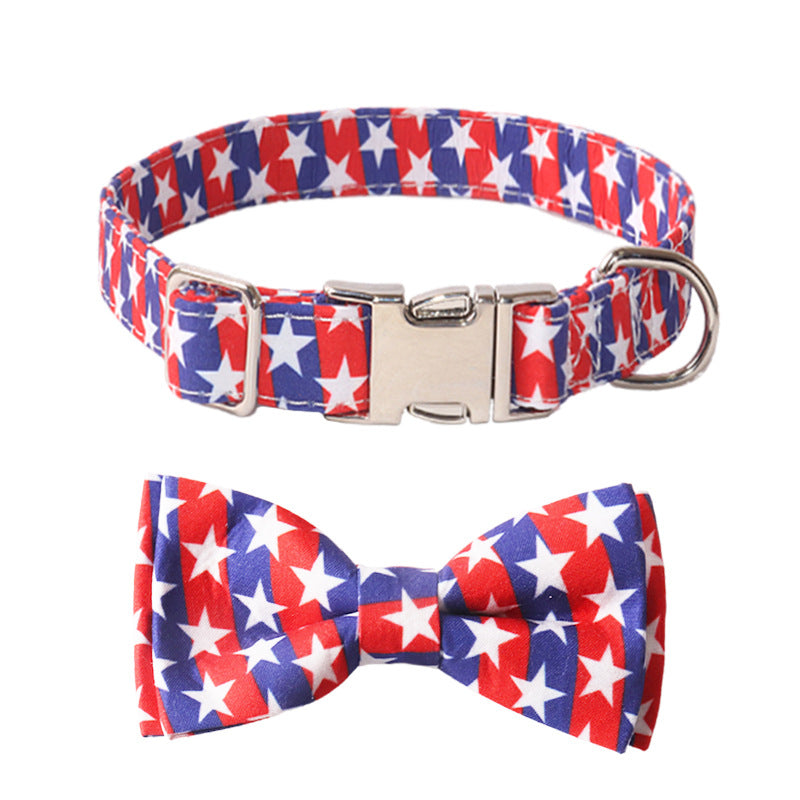 Red white and blue star print pet collar with matching bow tie and silver-tone buckle detail