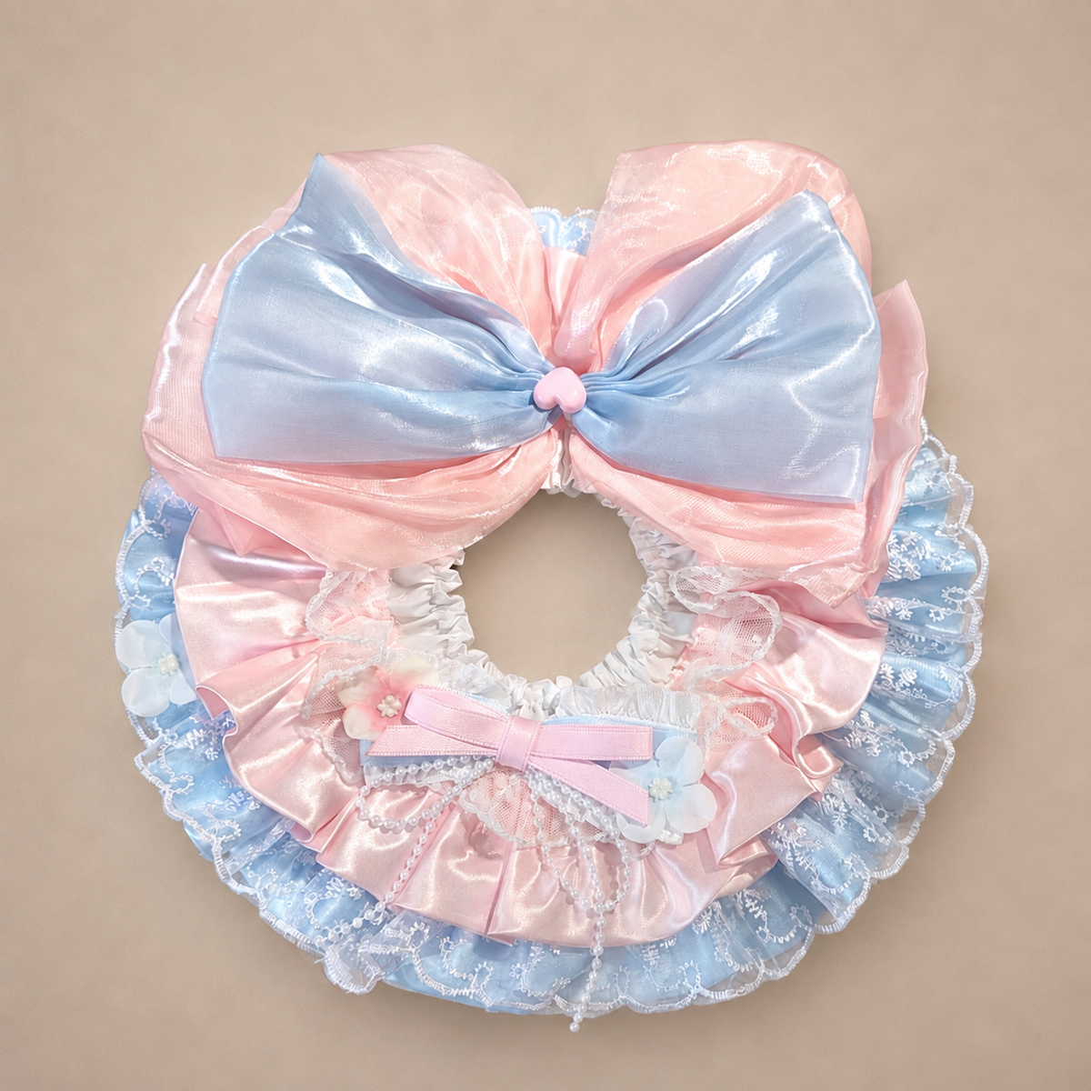 Pink Blue Floral Satin Lace Pet Bib Collar - pink blue bib collar flat lay