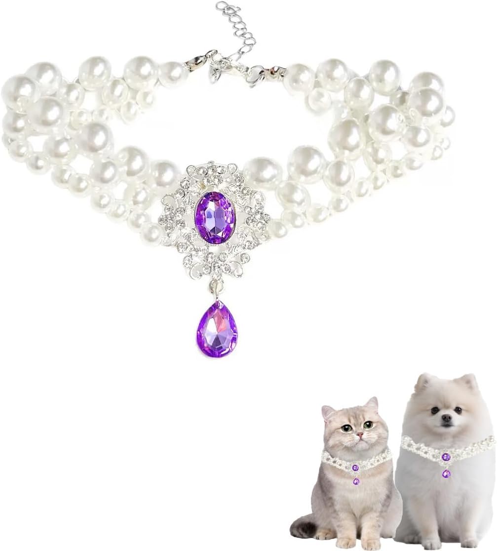 Pearl Pet Necklace with Gem Pendant