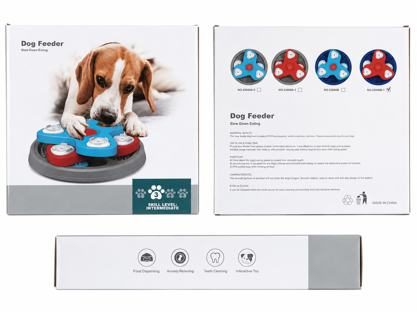 Dog feeder packaging showing level 3 double layer slow feeder puzzle toy