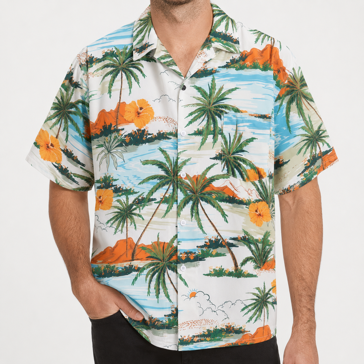 Close-up of white tropical Hawaiian shirt with palm tree and orange flower print