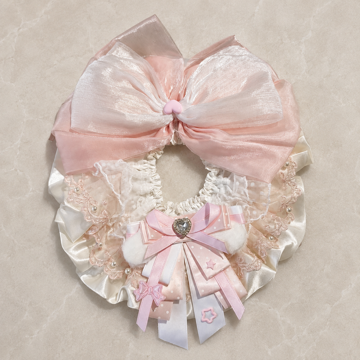 Pink Bow Satin Lace Pet Bib Collar - pink bow bib collar flat lay