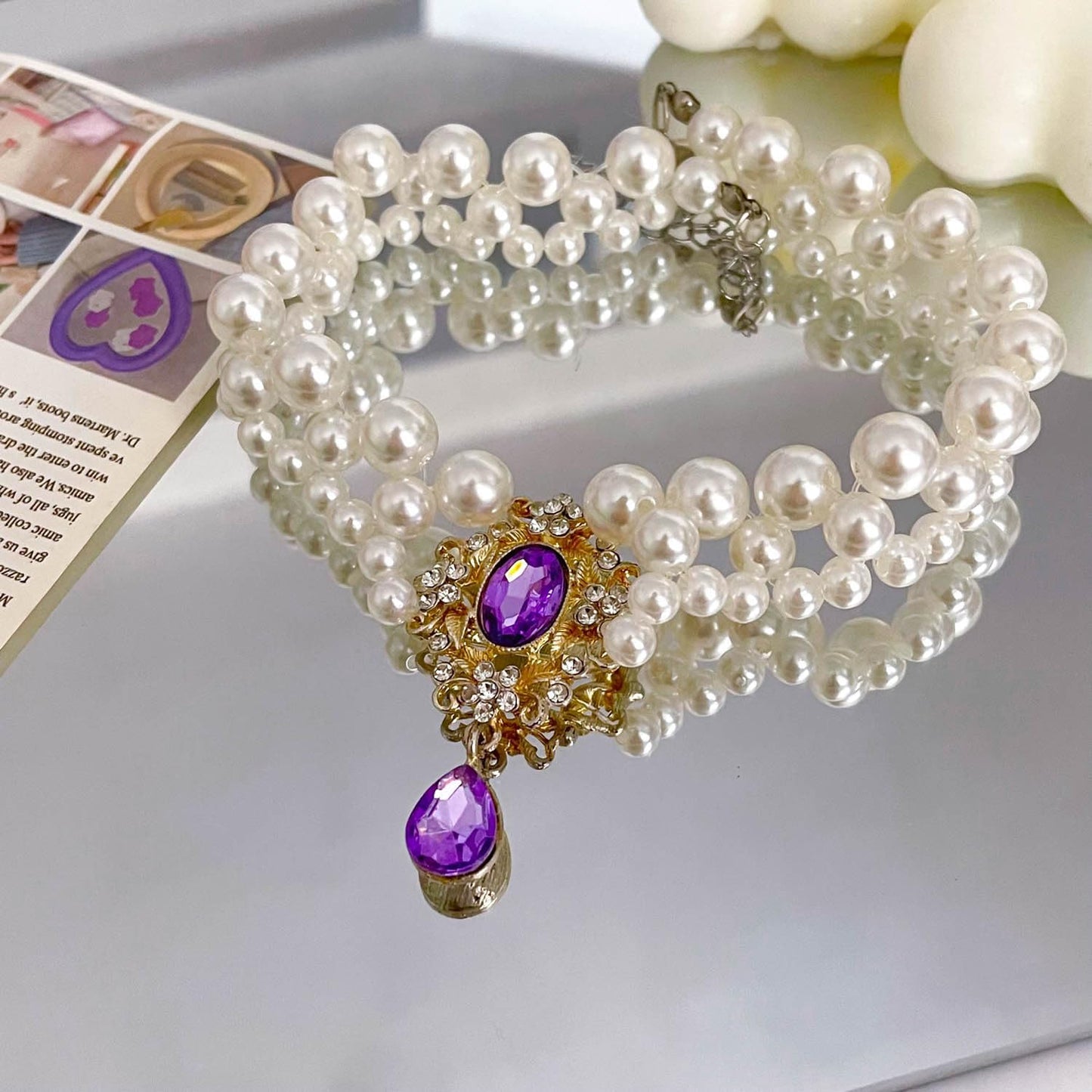 Pearl Pet Necklace with Gem Pendant