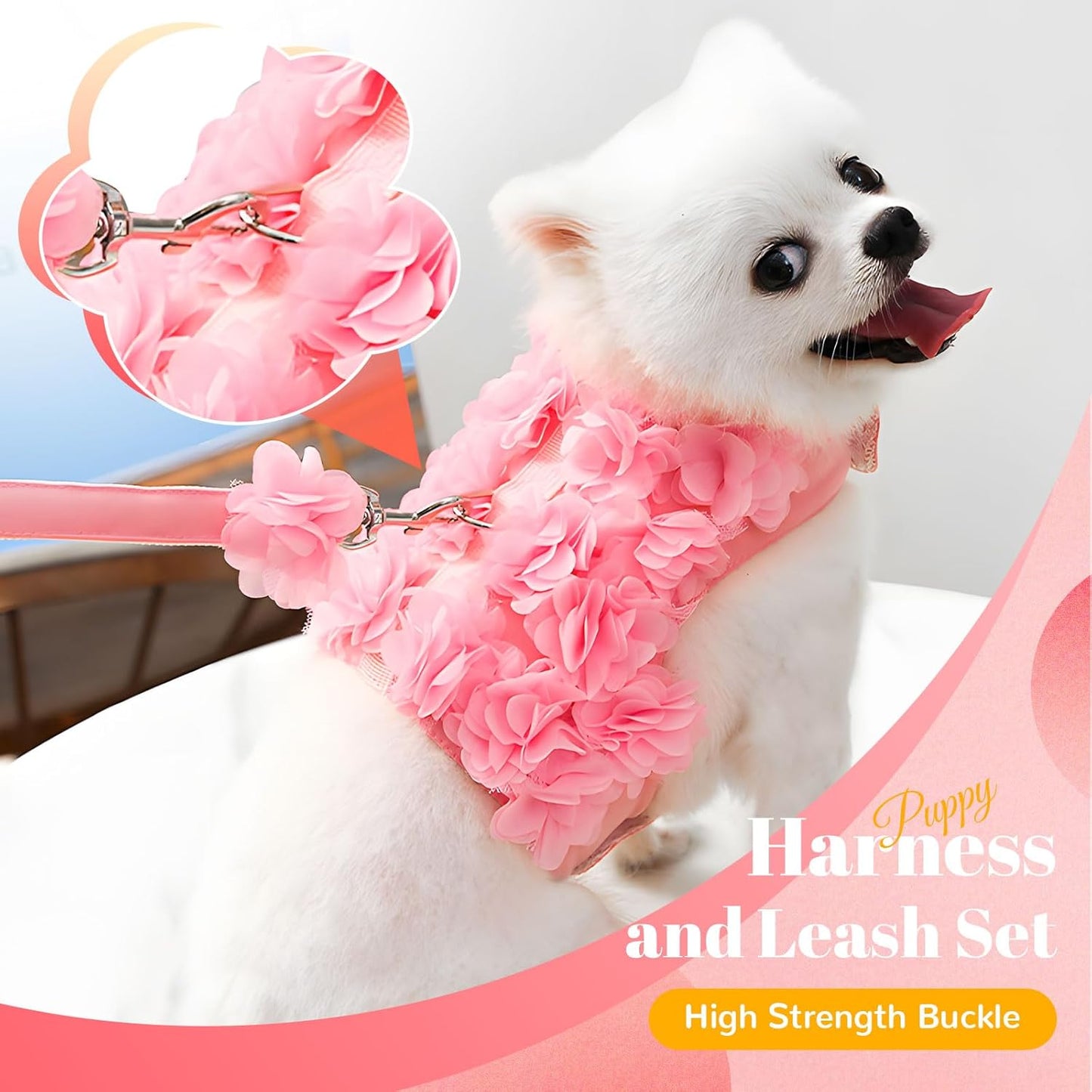 Luxury Floral Dog Harness and Leash Set – 3D Petal Puppy Vest Harness for Small Dogs & Cats