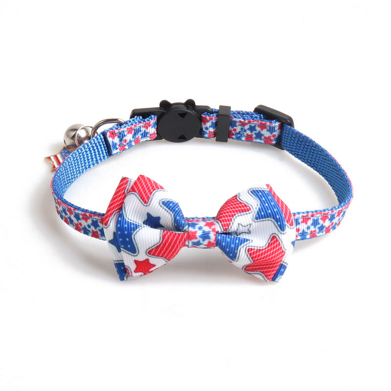 Blue patriotic star bow tie cat collar with bell and red white bow