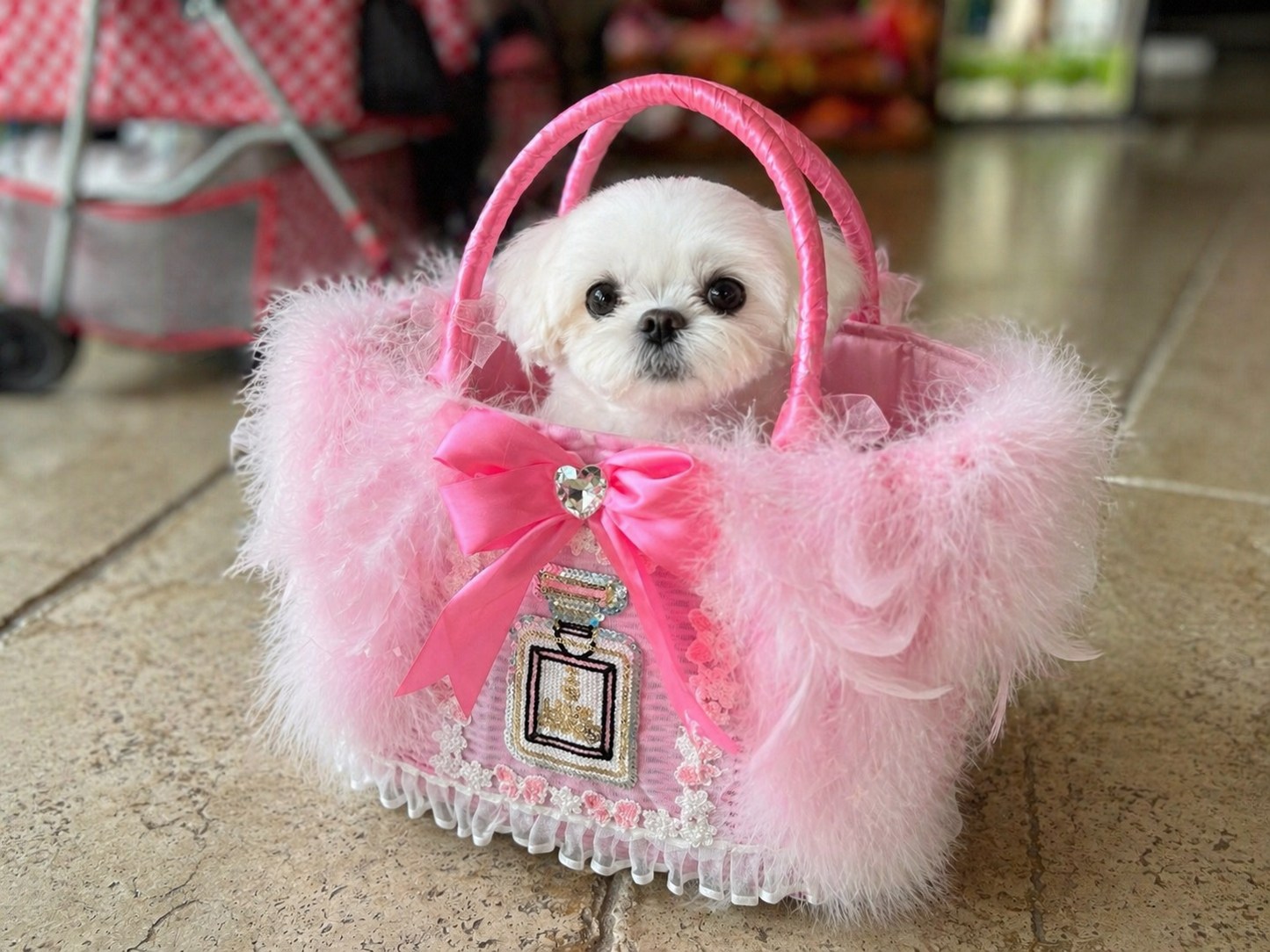 cute puppy sitting inside pink pet handbag carrier