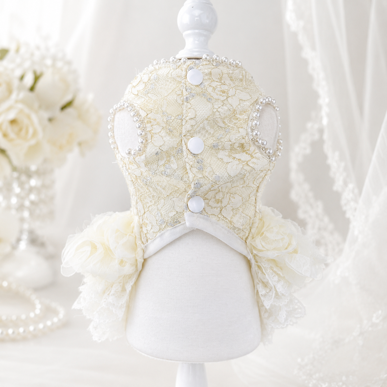 Handmade Luxury Pearl & Rose Lace Pet Dress