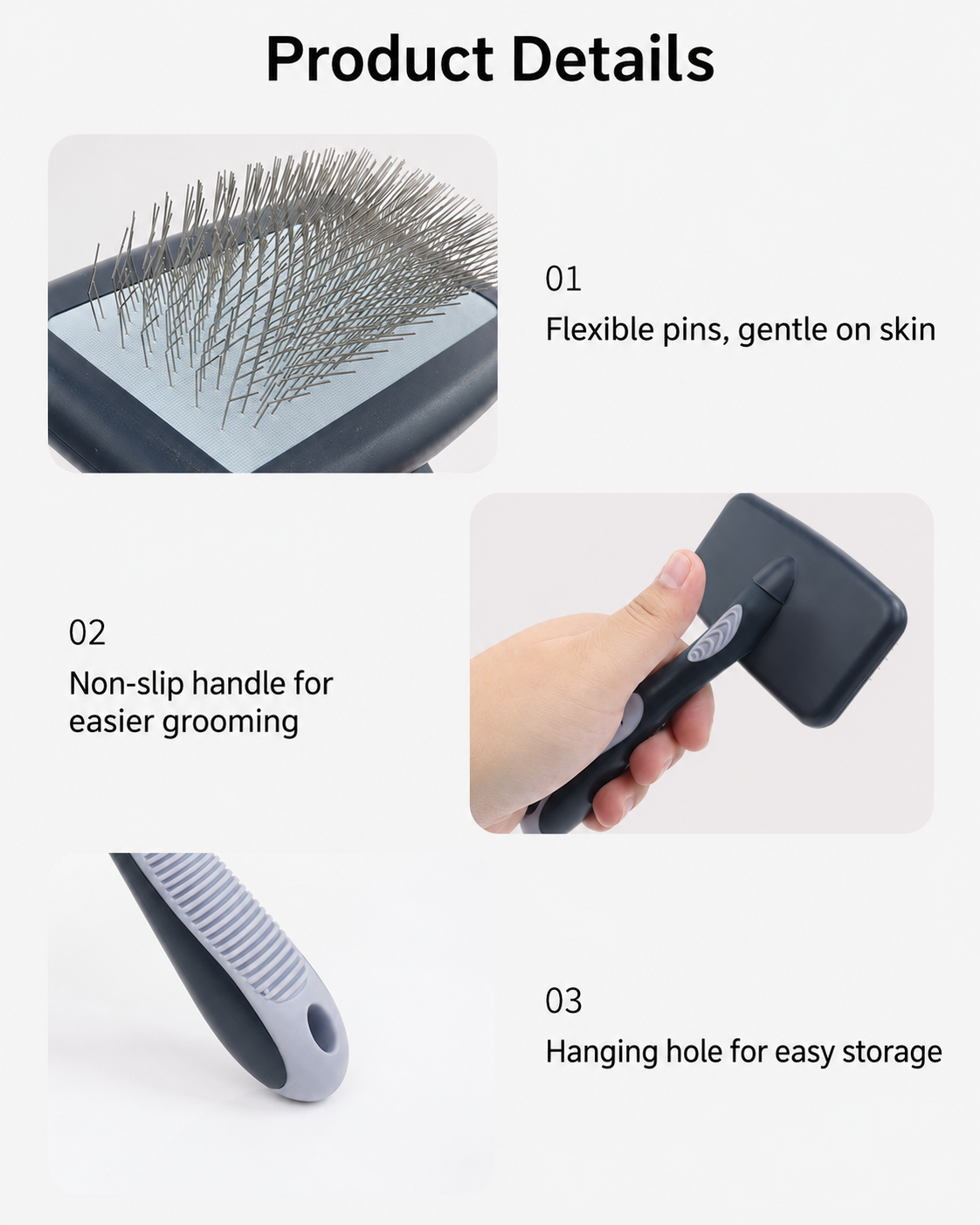Pet slicker brush details showing flexible pins grip and hanging hole