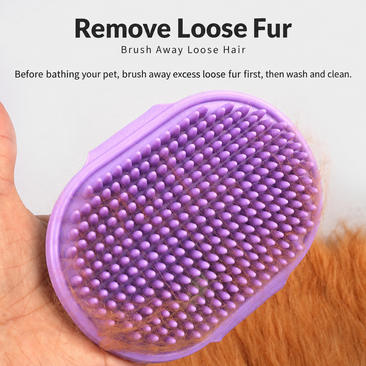Purple pet grooming brush holding collected loose fur in rounded bristles