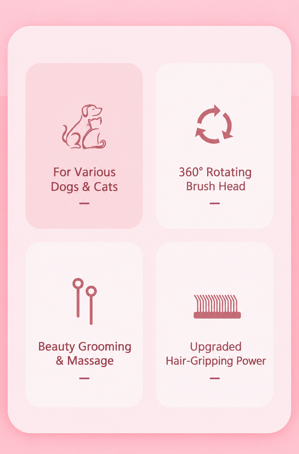 Pet grooming brush feature graphic with dogs cats and rotating head icons