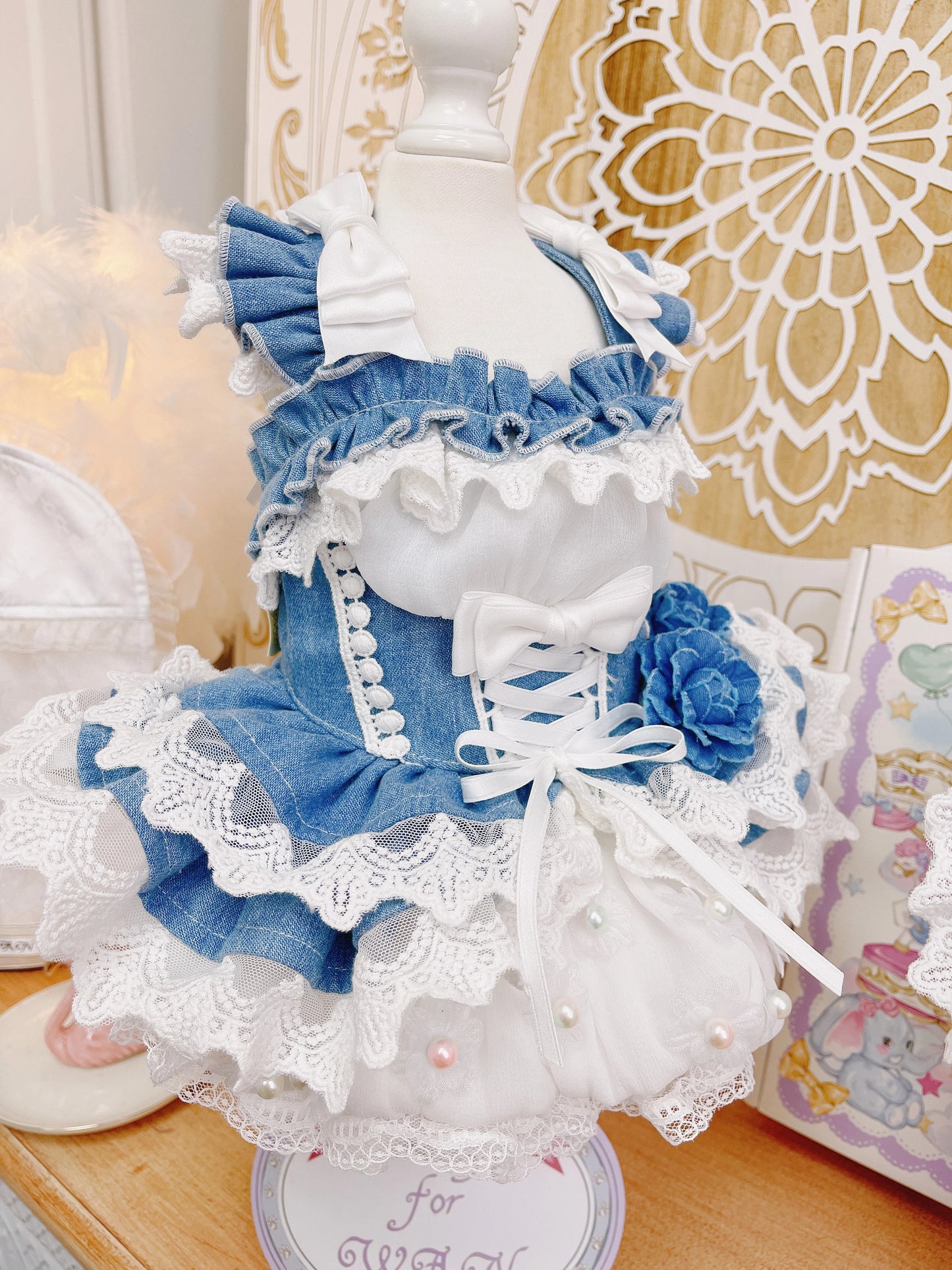 High quality handmade dog dresses denim+hat