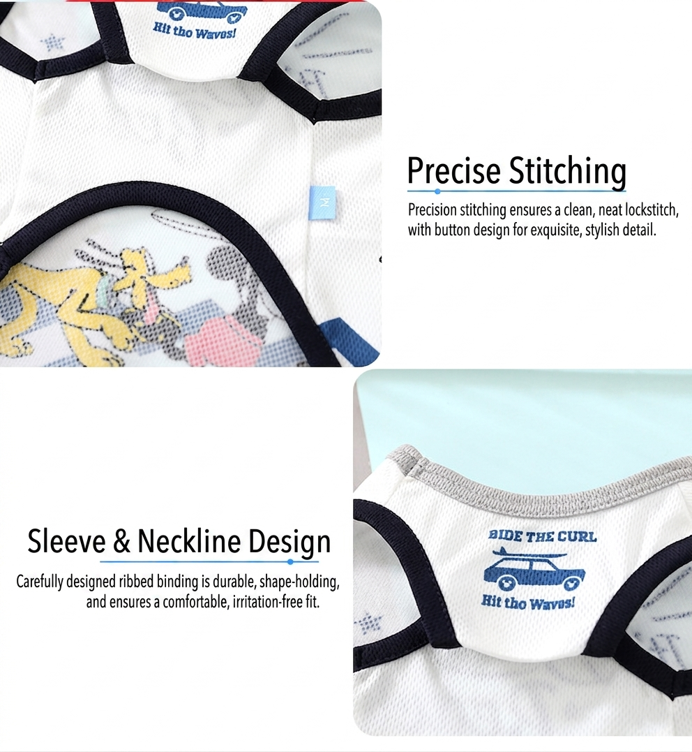 Close-up detail of breathable mesh fabric, reinforced stitching, and durable edge binding on pet tank top