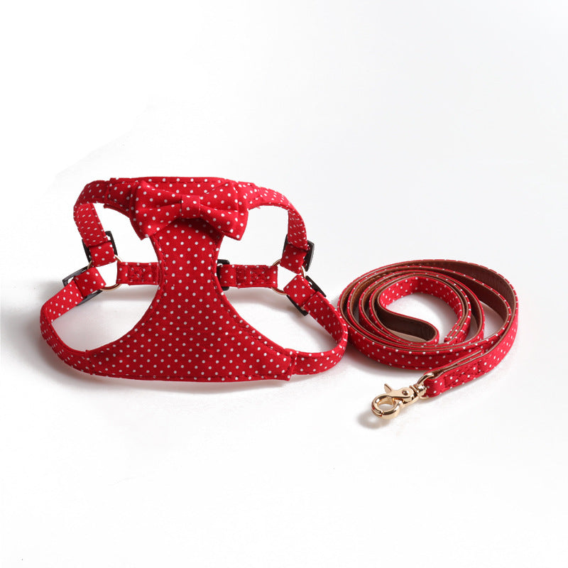 red polka dot dog harness and leash set