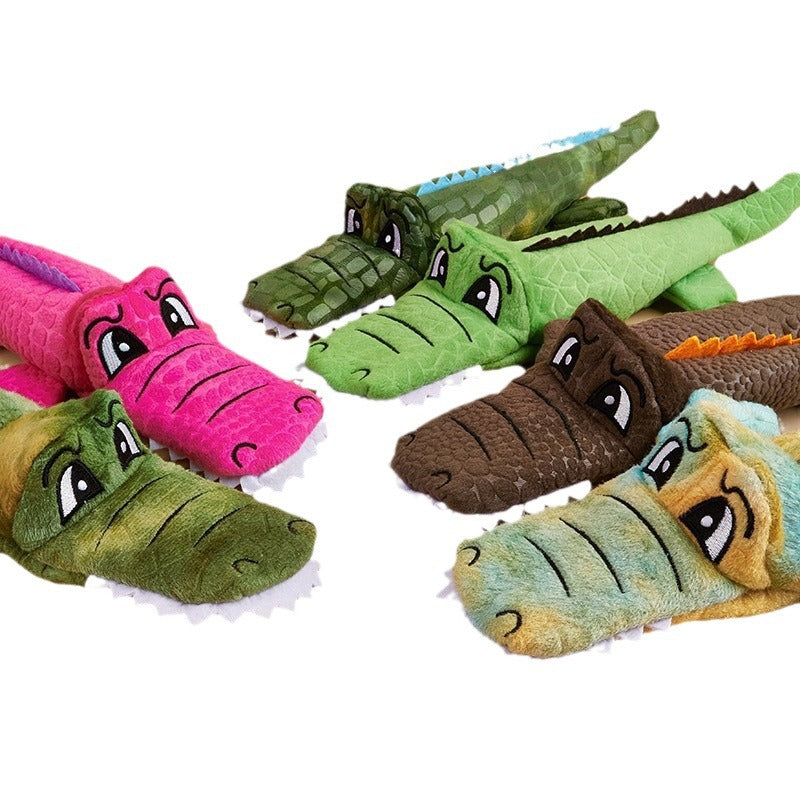 Pink crocodile plush squeaky dog toy measuring 36 cm with crinkle paper and soft plush fabric