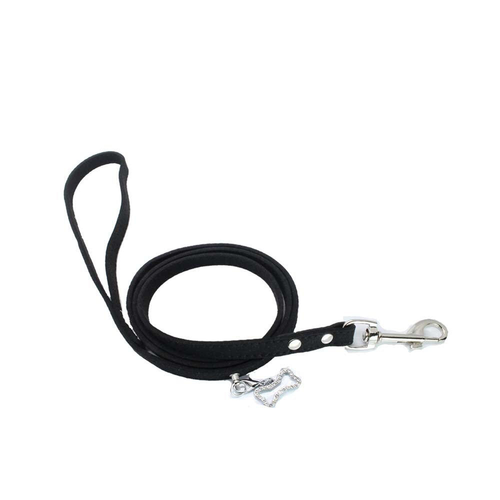 Soft Suede Dog Leash with Rhinestone Bone Charm Pendant