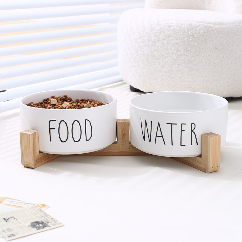 Ceramic Double Pet Bowl with Stand (White)