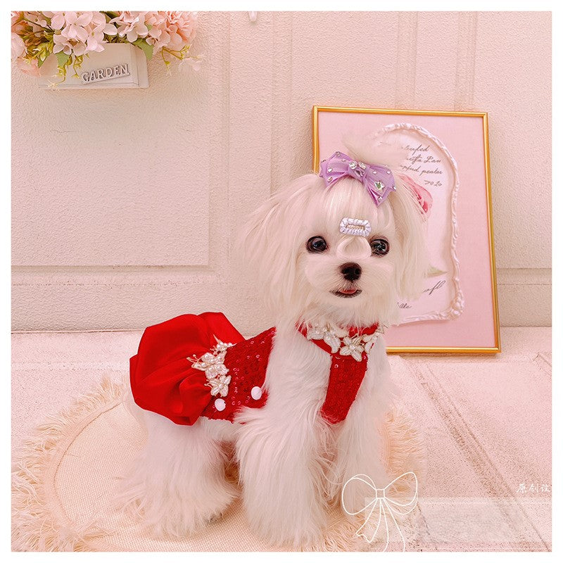 Red Sequin Pearl Dog Dress – Luxury Holiday & Wedding Pet Gown