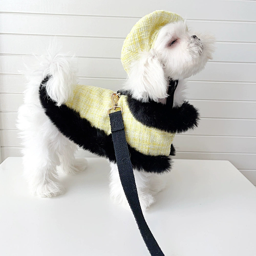 Dog cape+leash sets yellow tweed (no hat)