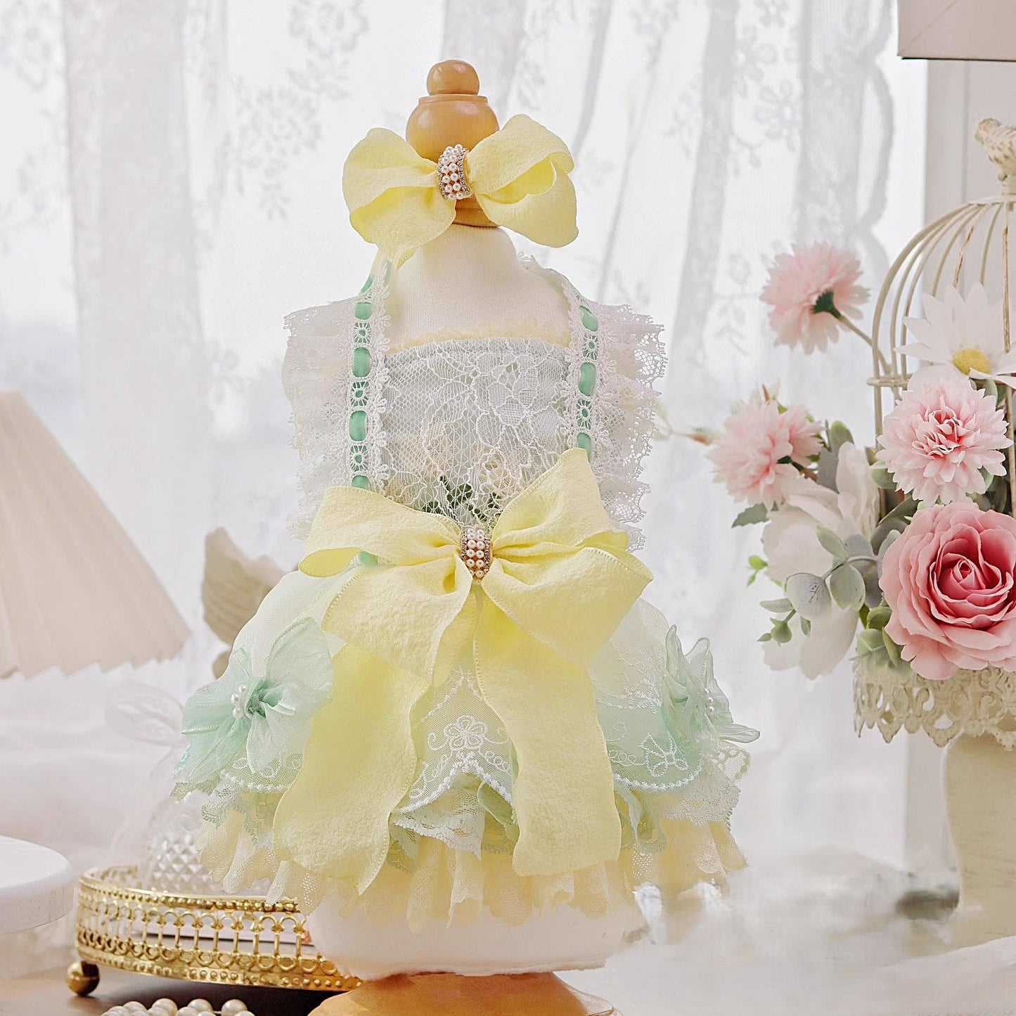 Handmade Cute Dog Dress Yellow Lace Bowknot Outfit