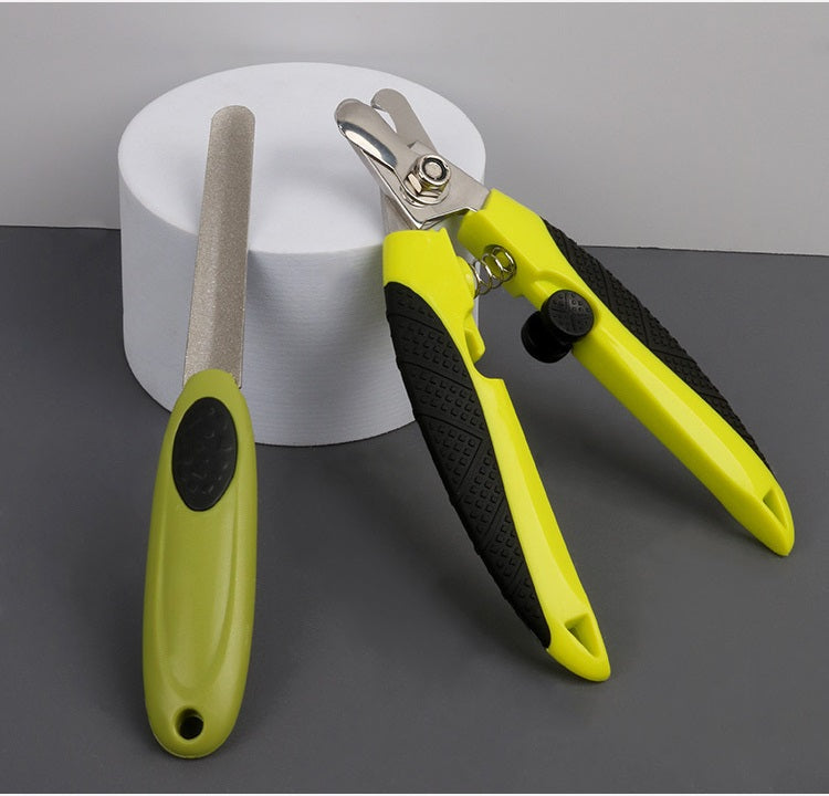 Yellow and black pet nail clipper set displayed with nail file