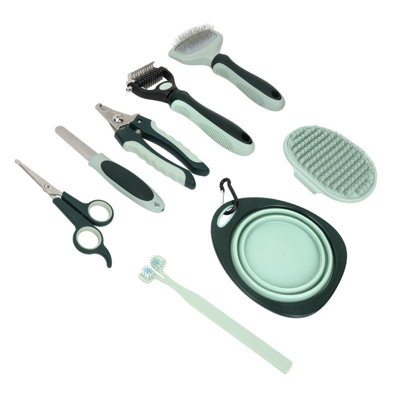 Pet grooming kit tools including brushes bowl nail clipper scissors and toothbrush
