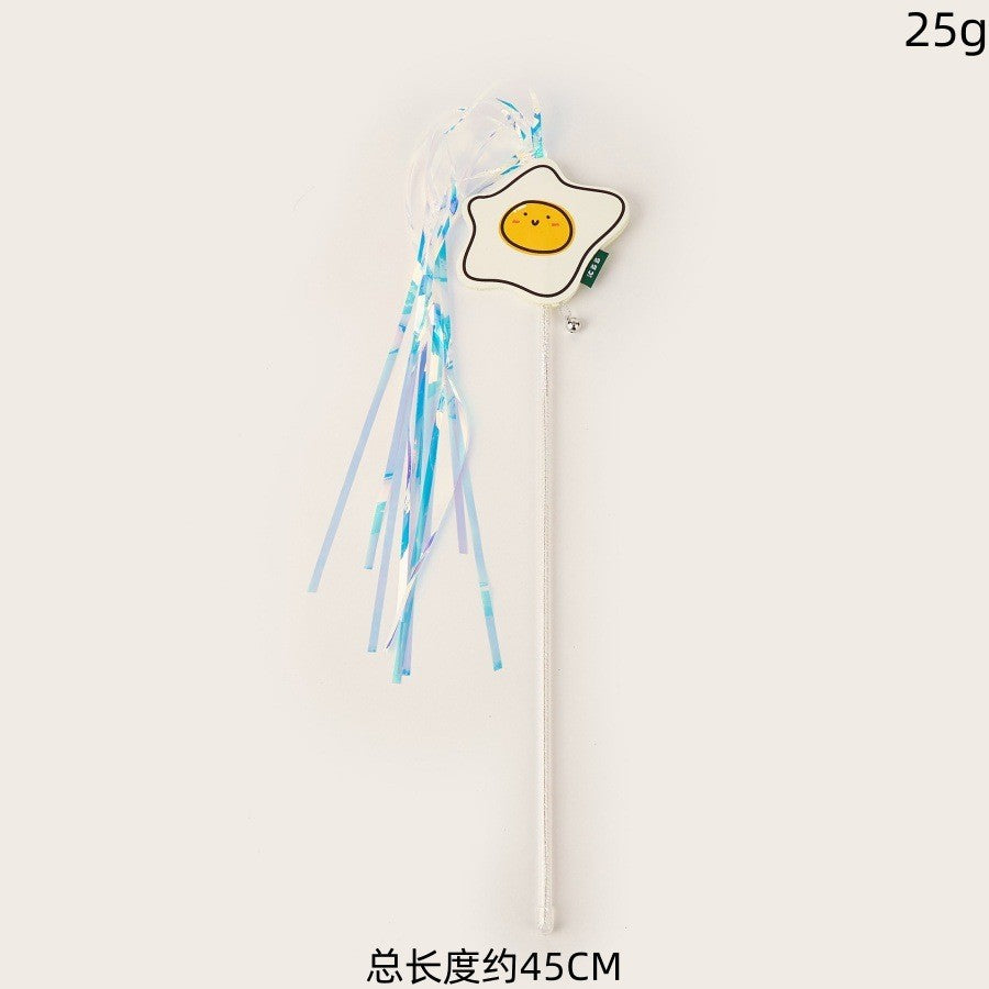 Fried egg cat teaser wand with iridescent blue streamers and bell