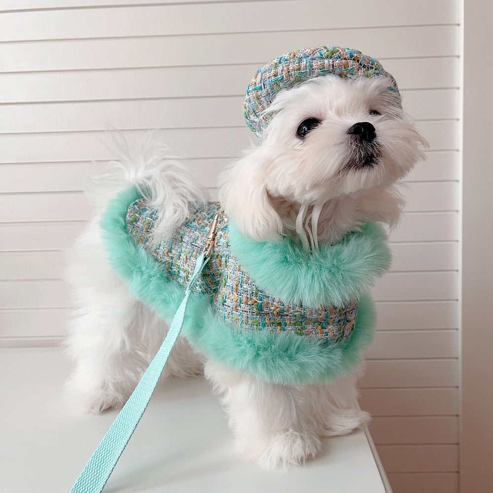 Dog cape green tweed +hat+leash sets