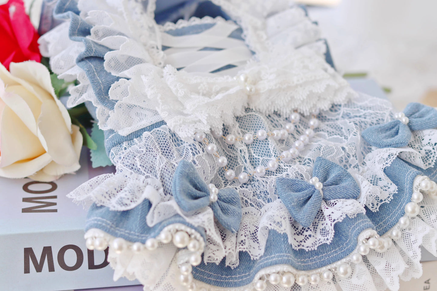 Pet Dress Lace Pearl Dog Outfit Elegant Blue
