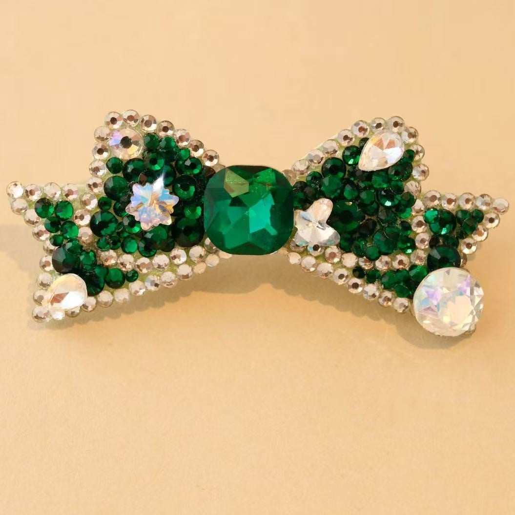 Emerald green crystal rhinestone bow pet hair accessory with square center gem