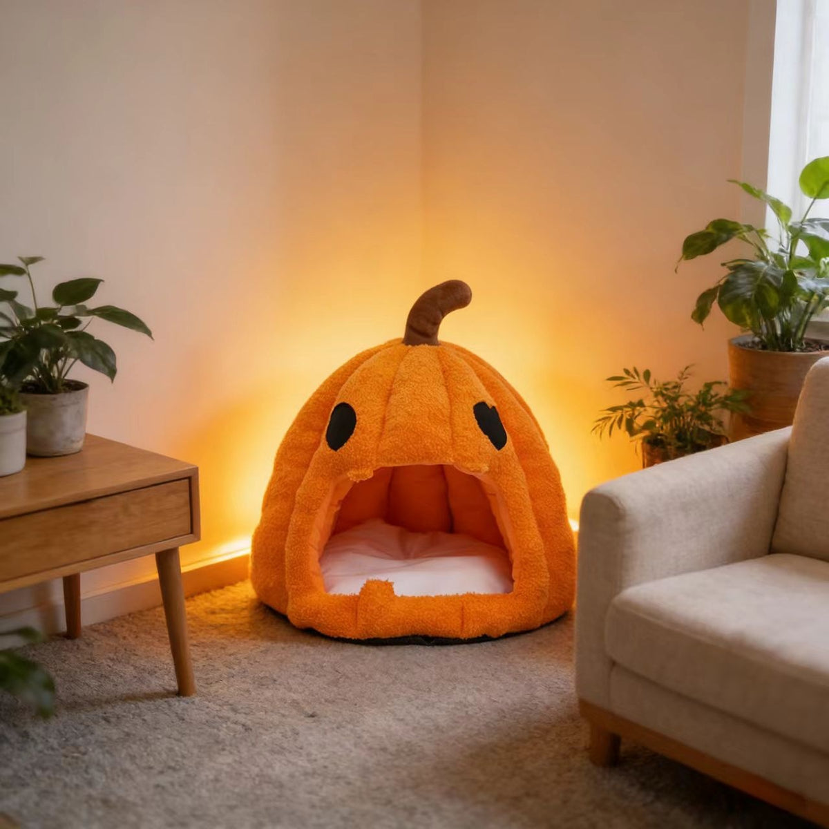 Orange pumpkin pet house bed displayed in a living room corner