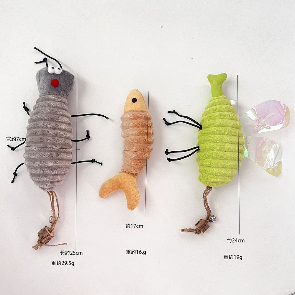 Kitty Hoots insect series cat toys showing three designs and approximate dimensions