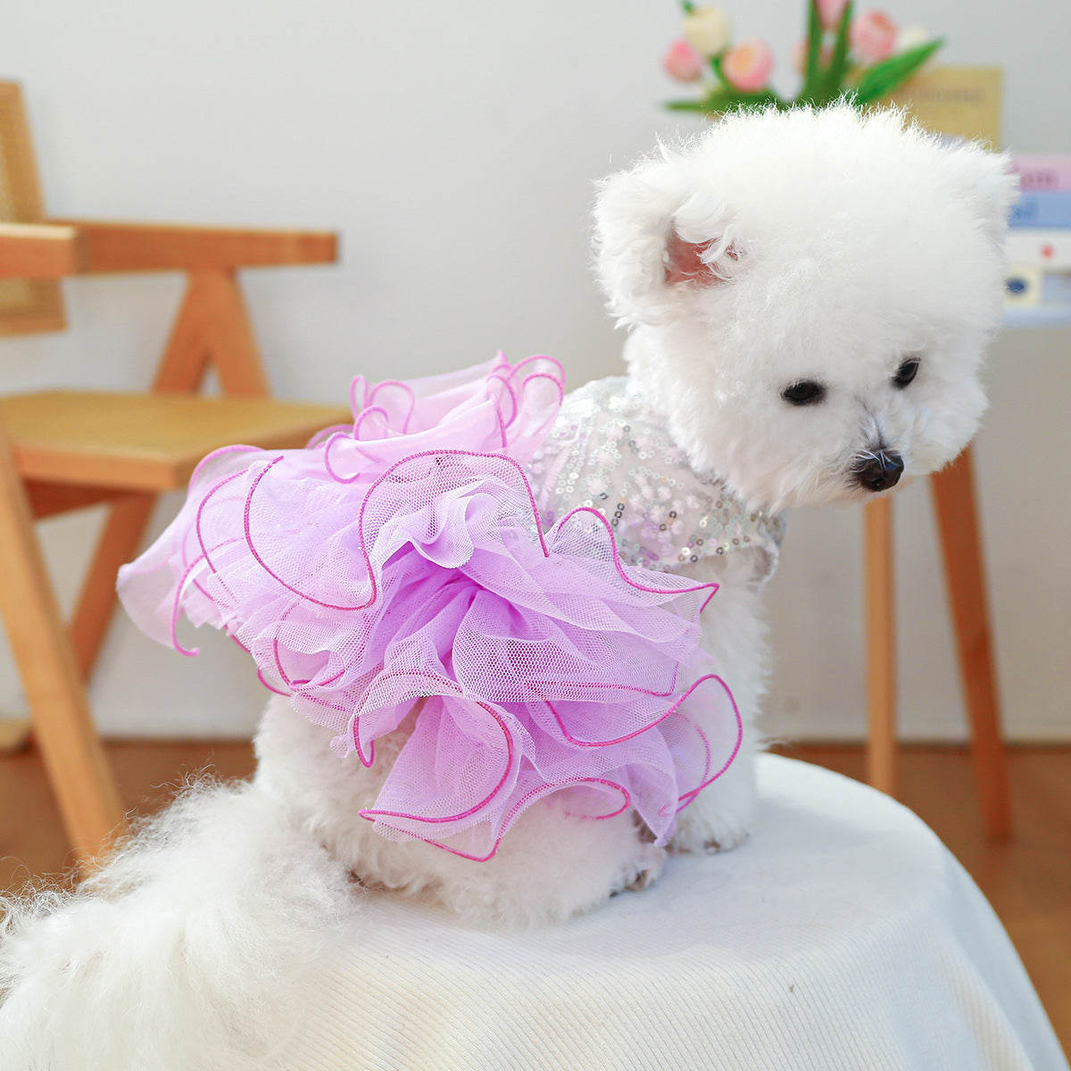 Princess Dog Dress with Sequin Top & Tulle Bow – Elegant Tutu Outfit