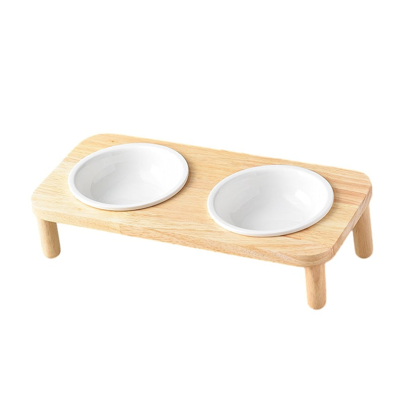 Wood Stand Double Pet Bowl - White