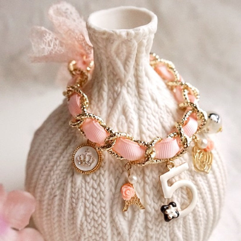 Ribbon Chain Pet Necklace with Charms & Bow