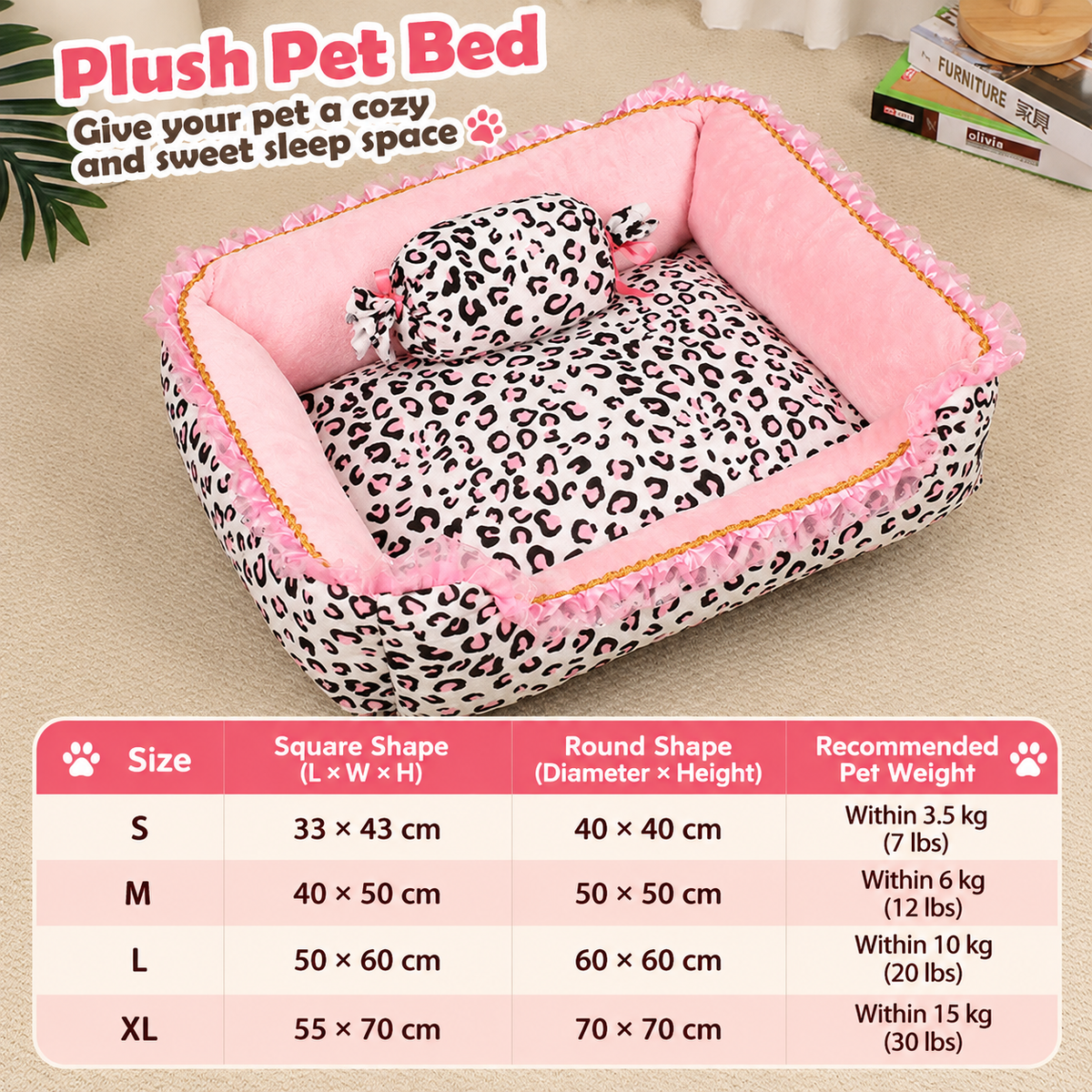 Rectangular pink leopard bolster pet bed with shape and size comparison chart