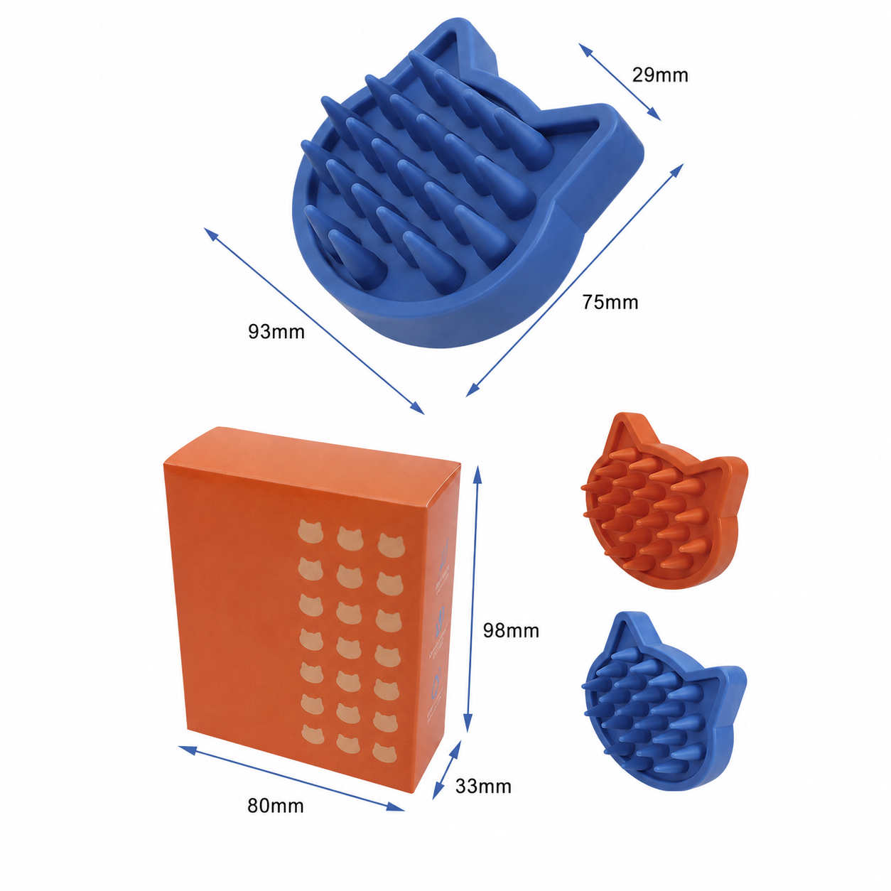 Cat shape silicone pet bath brush size chart with Orange and Blue color options