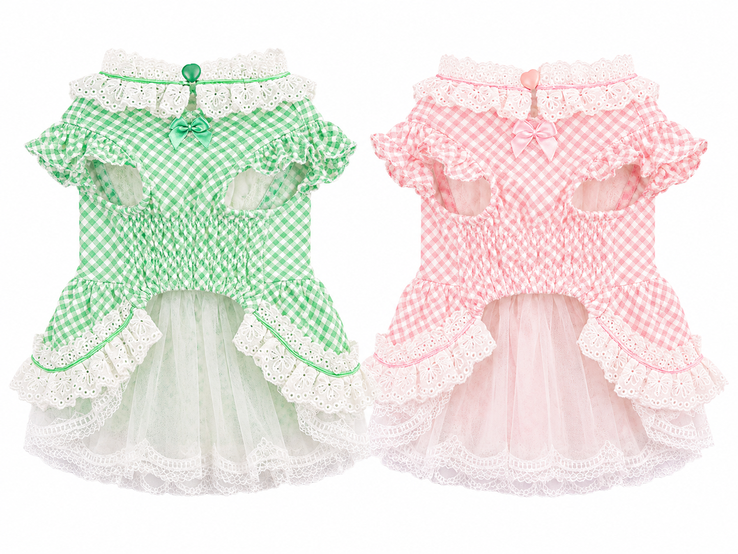Back view of pink and green gingham dog dresses featuring lace trim, smocked waist, and layered tulle skirt