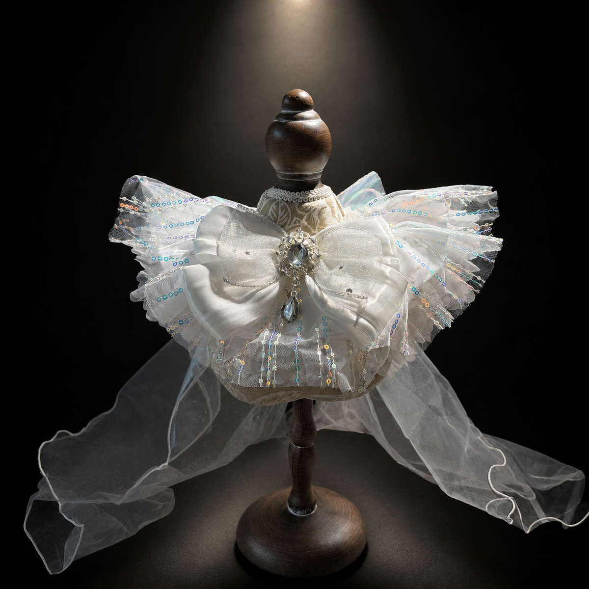 White Iridescent Satin Lace Pet Bib Collar - white iridescent bib collar front view