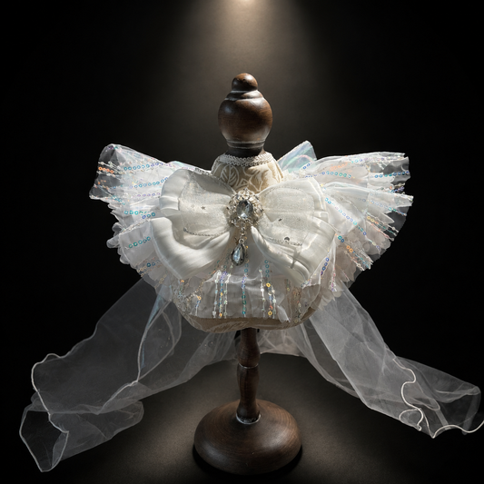 Front view of white iridescent satin lace pet bib collar with bow charm ruffles and sparkle trim