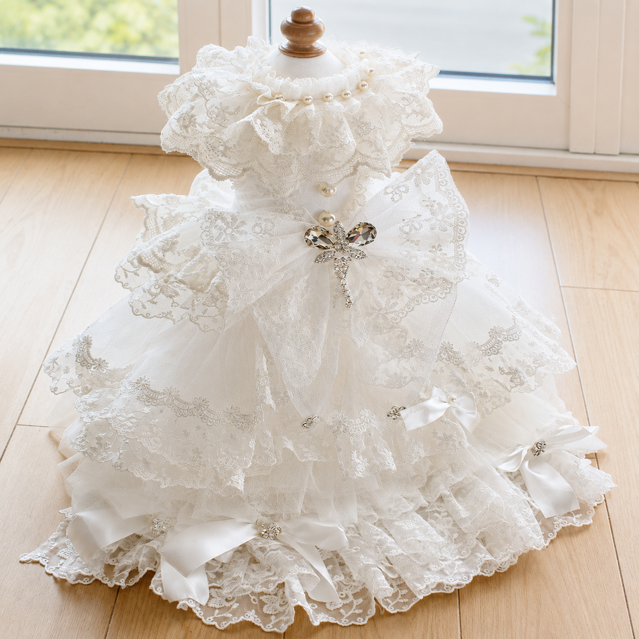 Luxury Victorian Lace Dog Gown with Pearl Bridal Detail