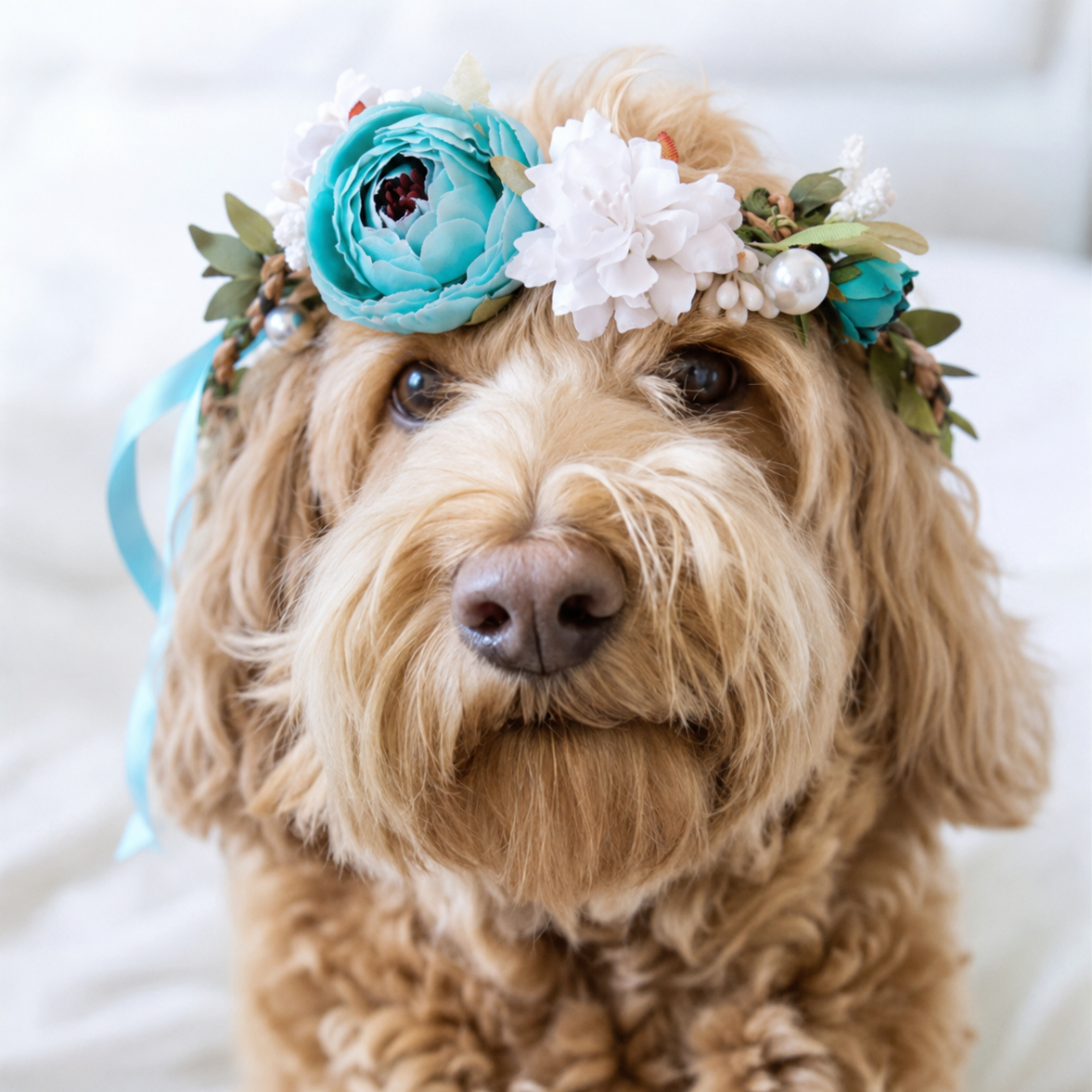Dog wearing blue floral crown headpiece with white flowers and pearl-style accents