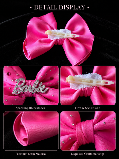 Hot Pink Satin Rhinestone Pet Bow Hair Clip - visible pet bow hair clip detail view 2