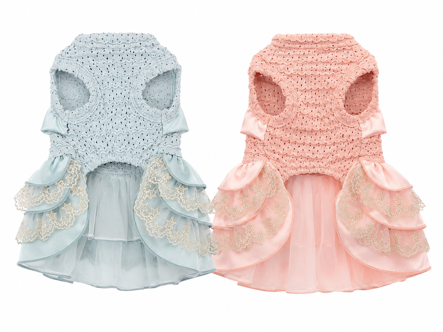 Small Shih Tzu wearing baby blue luxury dog dress with crochet knit bodice and oversized satin bow