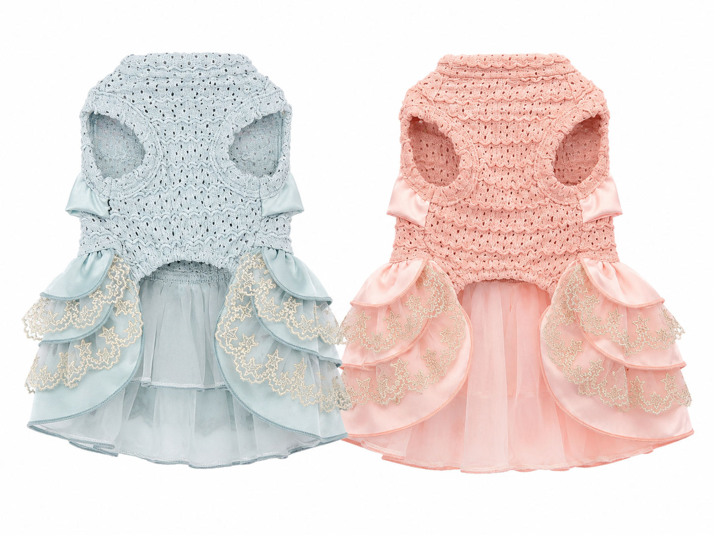 Small Shih Tzu wearing baby blue luxury dog dress with crochet knit bodice and oversized satin bow