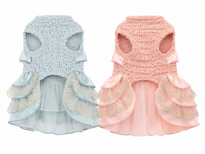 Small Shih Tzu wearing baby blue luxury dog dress with crochet knit bodice and oversized satin bow