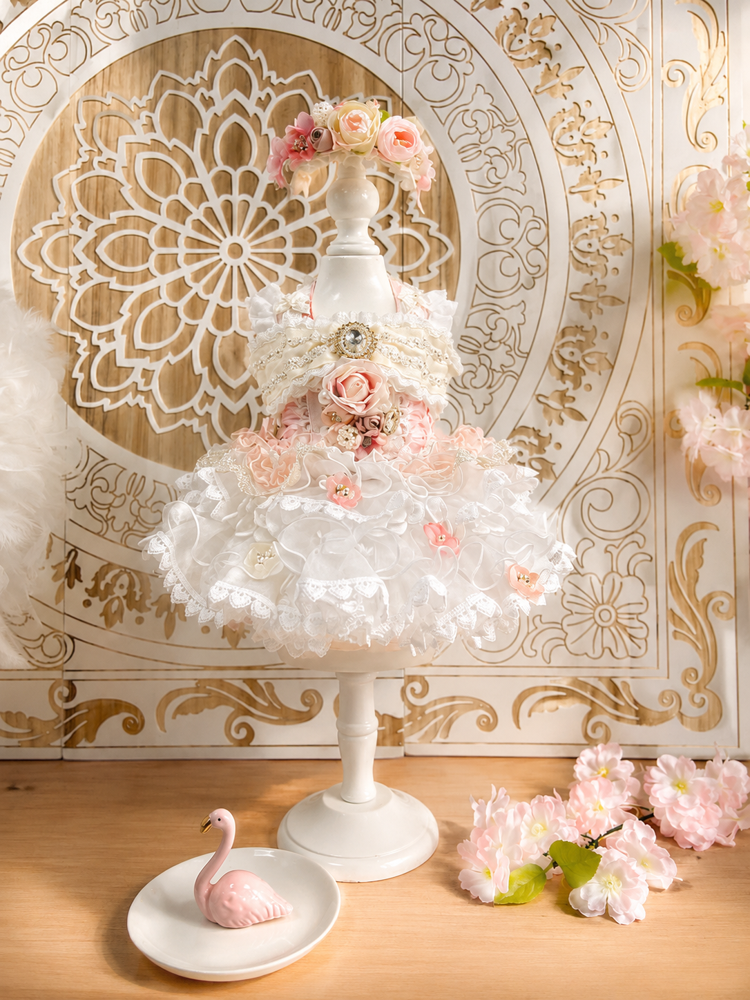 Full display of luxury handcrafted floral princess dog dress for boutique weddings and photography