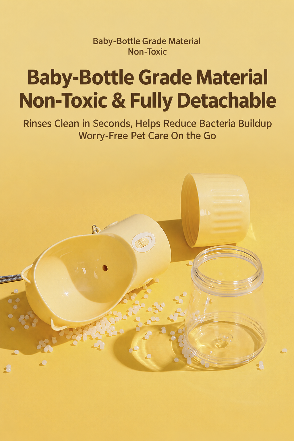 Detachable components of yellow PP pet water bottle and bottom food storage cup