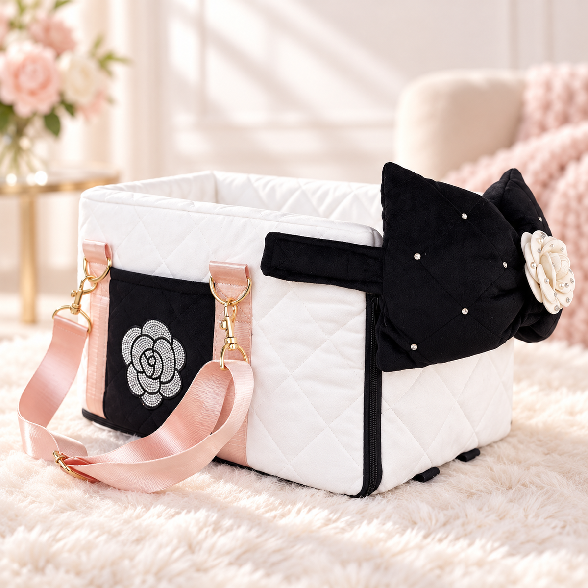 White quilted pet car seat backpack carrier with black bow and pink straps