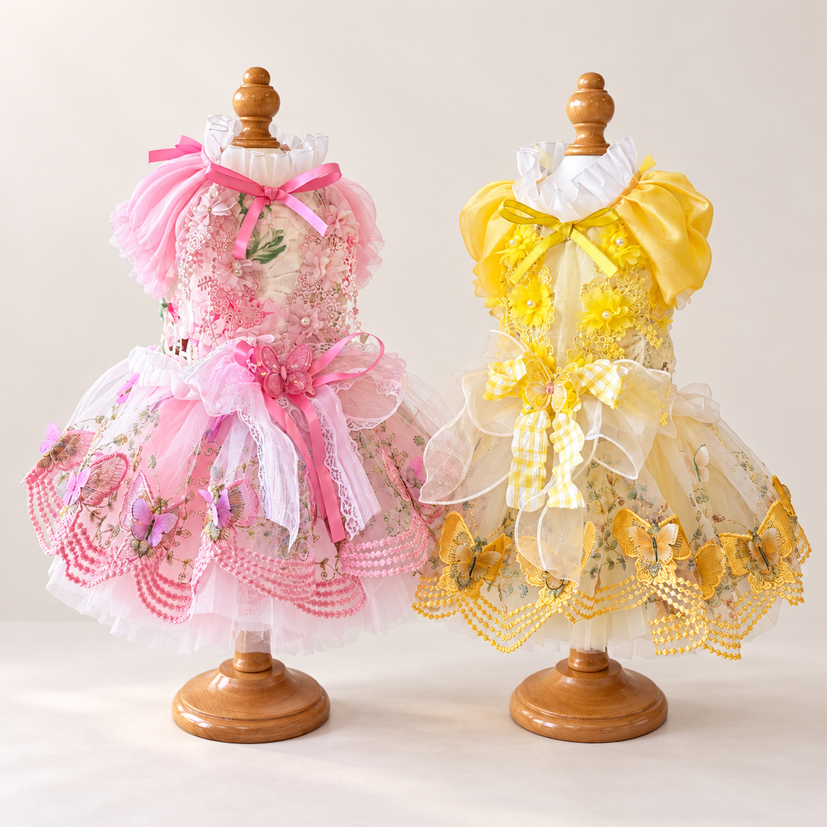 Pink and yellow handmade butterfly pet dresses displayed side by side